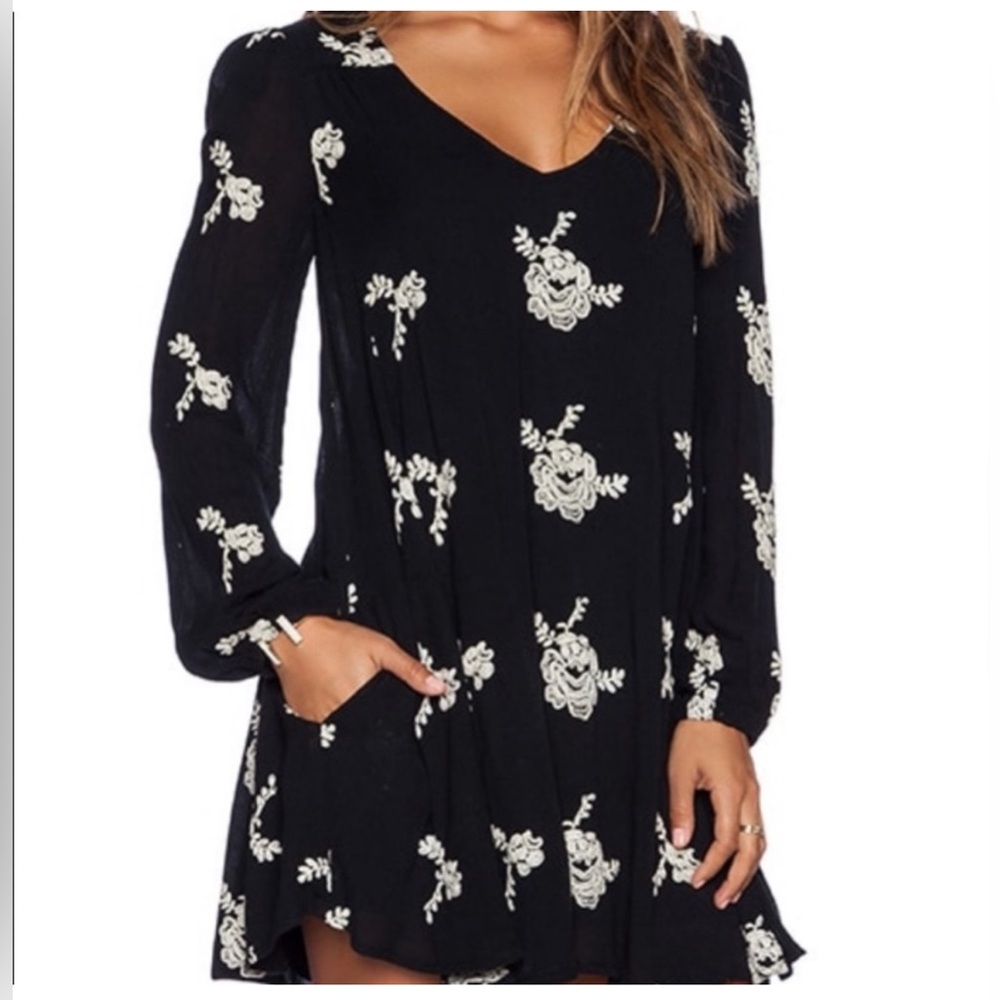 Free People Emma embroidered swing dress in black & cream Floral size XS